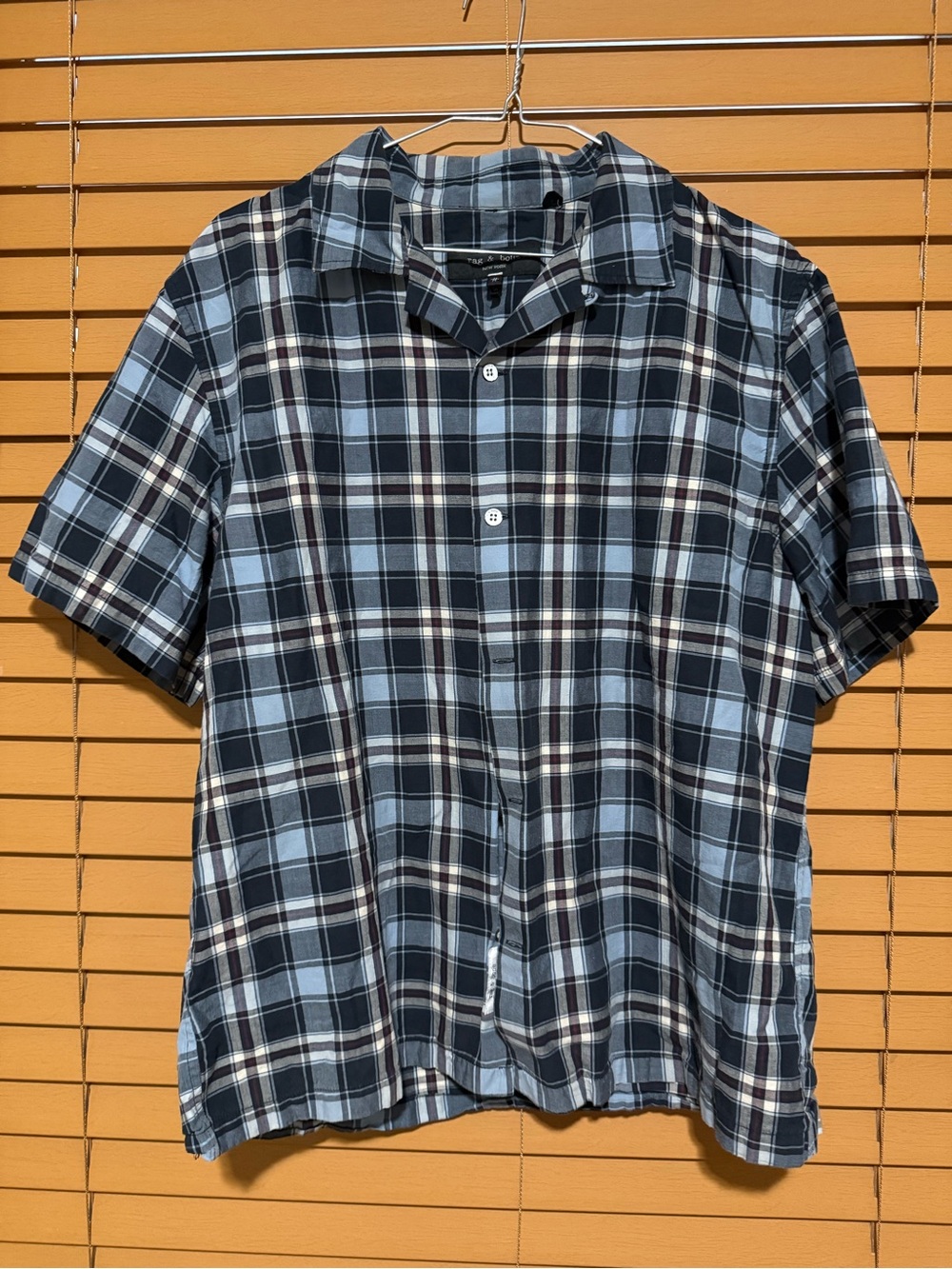 Rag & Bone Men’s Medium Blue Plaid Short Sleeve Button-Up Camp Shirt